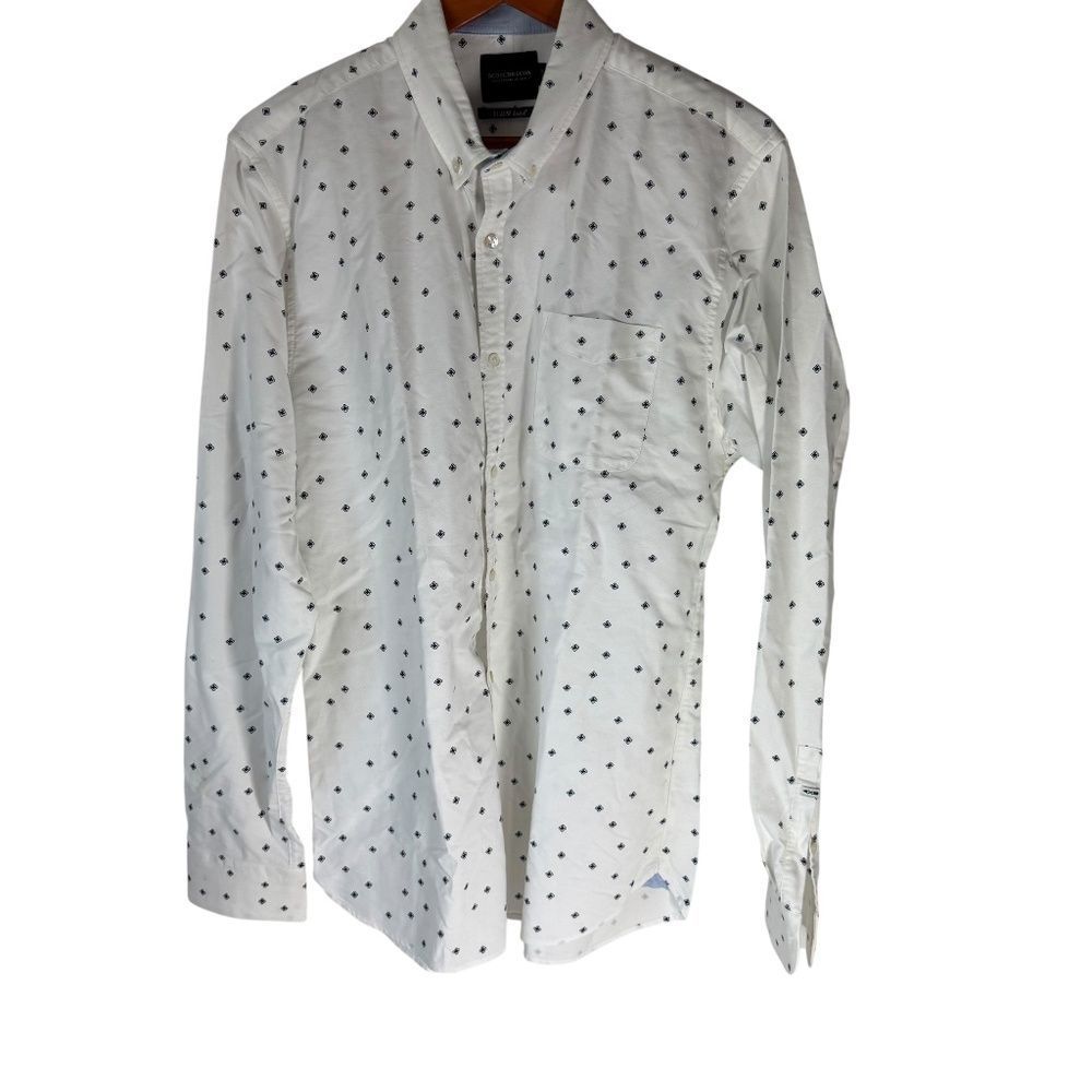 Scotch Soda Amsterdam Blauw White Cotton X Print Button Down Slim Fit Sz XL
